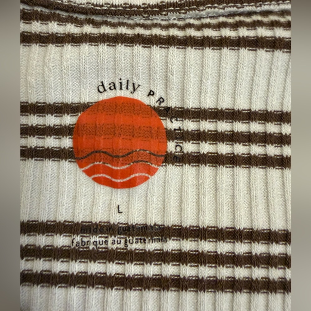 DAILY PRACTICE Anthropology White Brown Striped Ribbed V-Neck Short Sleeve Large - Picture 5 of 11